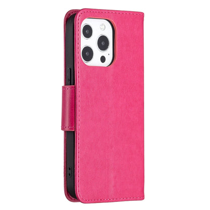 For iPhone 13 Embossing Two Butterflies Pattern Horizontal Flip PU Leather Case with Holder & Card Slot & Wallet & Lanyard(Rose Red) - iPhone 13 Cases by buy2fix | Online Shopping UK | buy2fix