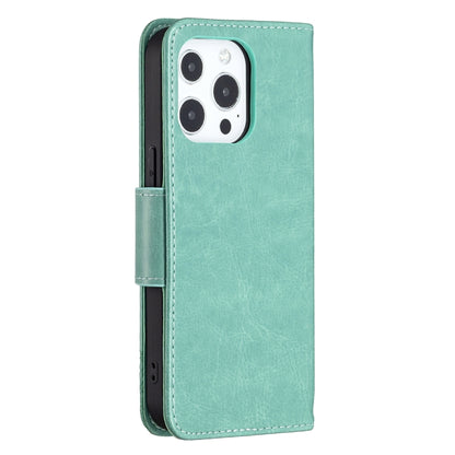 For iPhone 13 Embossing Two Butterflies Pattern Horizontal Flip PU Leather Case with Holder & Card Slot & Wallet & Lanyard(Green) - iPhone 13 Cases by buy2fix | Online Shopping UK | buy2fix