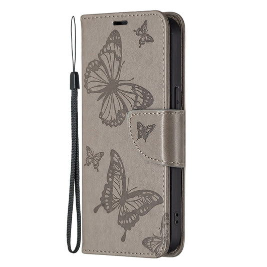 For iPhone 13 Pro Embossing Two Butterflies Pattern Horizontal Flip PU Leather Case with Holder & Card Slot & Wallet & Lanyard (Grey) by buy2fix