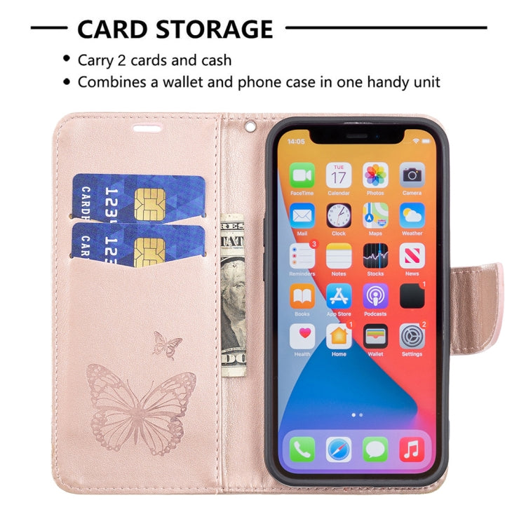 For iPhone 13 Pro Embossing Two Butterflies Pattern Horizontal Flip PU Leather Case with Holder & Card Slot & Wallet & Lanyard (Rose Gold) - iPhone 13 Pro Cases by buy2fix | Online Shopping UK | buy2fix