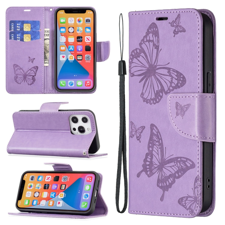 For iPhone 13 Pro Embossing Two Butterflies Pattern Horizontal Flip PU Leather Case with Holder & Card Slot & Wallet & Lanyard (Purple) - iPhone 13 Pro Cases by buy2fix | Online Shopping UK | buy2fix