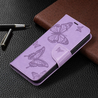 For iPhone 13 Pro Embossing Two Butterflies Pattern Horizontal Flip PU Leather Case with Holder & Card Slot & Wallet & Lanyard (Purple) - iPhone 13 Pro Cases by buy2fix | Online Shopping UK | buy2fix