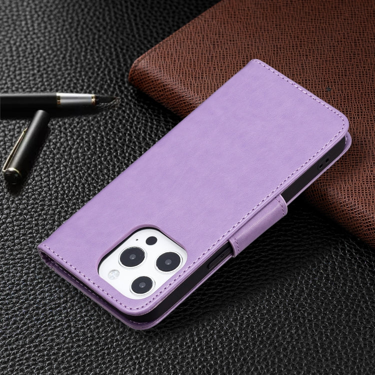 For iPhone 13 Pro Embossing Two Butterflies Pattern Horizontal Flip PU Leather Case with Holder & Card Slot & Wallet & Lanyard (Purple) - iPhone 13 Pro Cases by buy2fix | Online Shopping UK | buy2fix