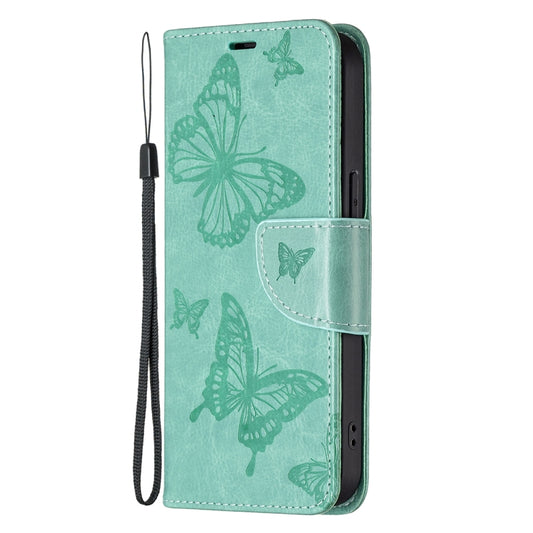 For iPhone 13 Pro Embossing Two Butterflies Pattern Horizontal Flip PU Leather Case with Holder & Card Slot & Wallet & Lanyard (Green) by buy2fix