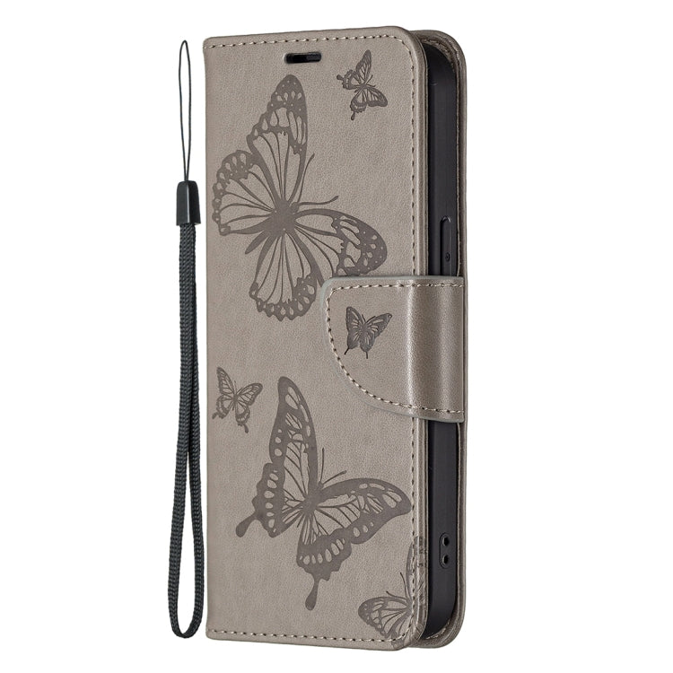 For iPhone 13 Pro Max Embossing Two Butterflies Pattern Horizontal Flip PU Leather Case with Holder & Card Slot & Wallet & Lanyard (Grey) - iPhone 13 Pro Max Cases by buy2fix | Online Shopping UK | buy2fix