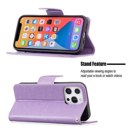 For iPhone 13 Pro Max Embossing Two Butterflies Pattern Horizontal Flip PU Leather Case with Holder & Card Slot & Wallet & Lanyard (Purple) - iPhone 13 Pro Max Cases by buy2fix | Online Shopping UK | buy2fix