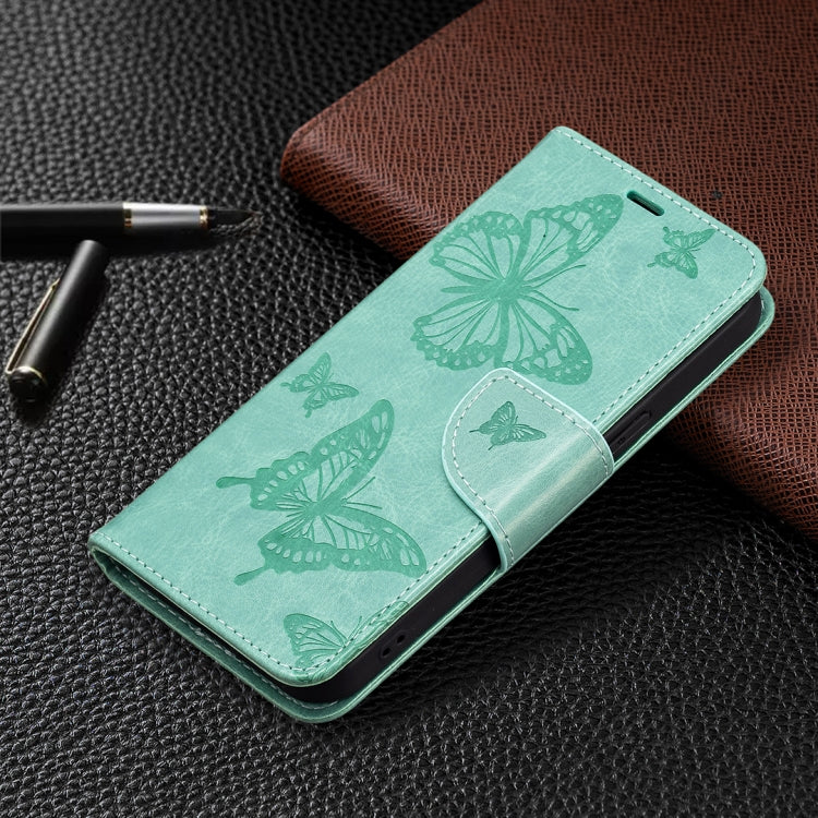 For iPhone 13 Pro Max Embossing Two Butterflies Pattern Horizontal Flip PU Leather Case with Holder & Card Slot & Wallet & Lanyard (Green) - iPhone 13 Pro Max Cases by buy2fix | Online Shopping UK | buy2fix