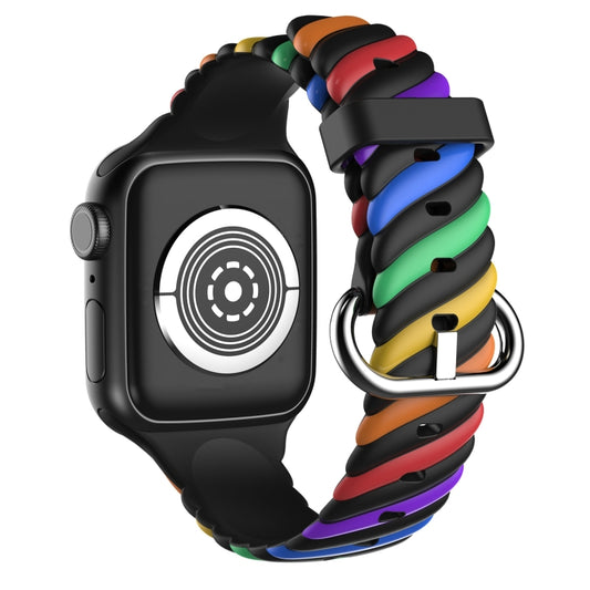 Two-color Twist Silicone Watch Band For Apple Watch Series 9&8&7 41mm / SE 3&SE 2&6&SE&5&4 40mm / 3&2&1 38mm(Rainbow Black) by buy2fix