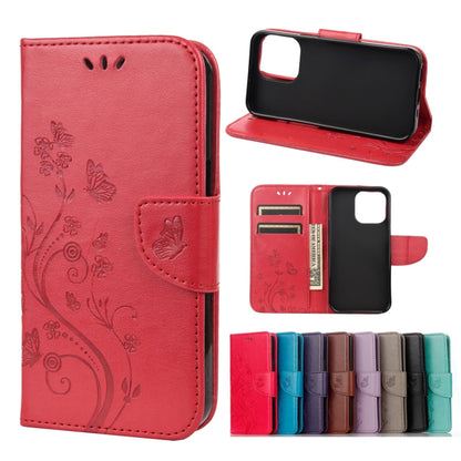 For iPhone 13 Butterfly Flower Pattern Horizontal Flip Leather Case with Holder & Card Slots & Wallet(Red) - iPhone 13 Cases by buy2fix | Online Shopping UK | buy2fix