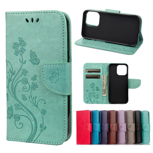 For iPhone 13 Butterfly Flower Pattern Horizontal Flip Leather Case with Holder & Card Slots & Wallet(Green) - iPhone 13 Cases by buy2fix | Online Shopping UK | buy2fix