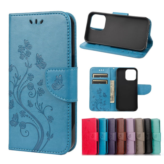 For iPhone 13 Pro Butterfly Flower Pattern Horizontal Flip Leather Case with Holder & Card Slots & Wallet (Blue) - iPhone 13 Pro Cases by buy2fix | Online Shopping UK | buy2fix