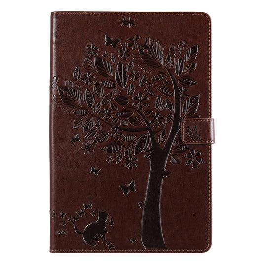 For Galaxy Tab S5e Pressed Printing Cat and Tree Pattern Horizontal Flip Leather Case with Holder & Card Slots & Wallet(Brown) by buy2fix