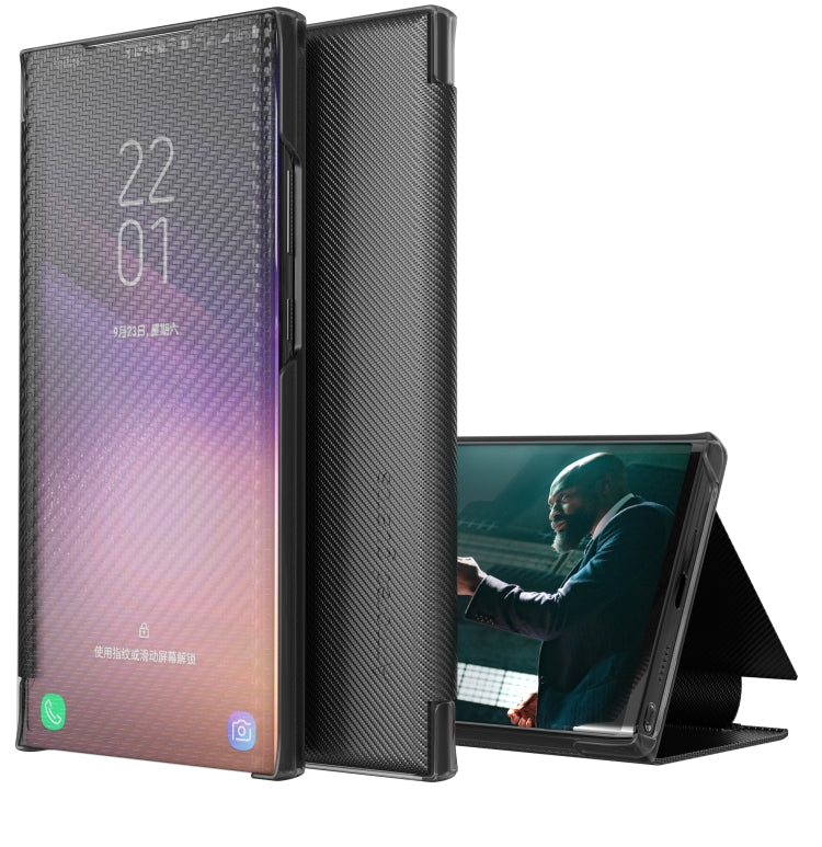 For Xiaomi Redmi Note 10 Pro Carbon Fiber Texture View Time Horizontal Flip Leather Case with Holder & Touch Call Display ID(Black) - Xiaomi Cases by buy2fix | Online Shopping UK | buy2fix