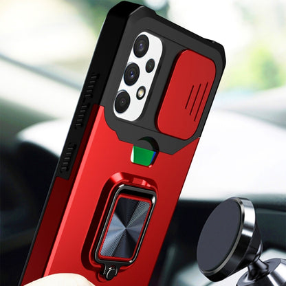 For Samsung Galaxy A32 4G Sliding Camera Cover Design PC + TPU Shockproof Case with Ring Holder & Card Slot(Blue) by buy2fix