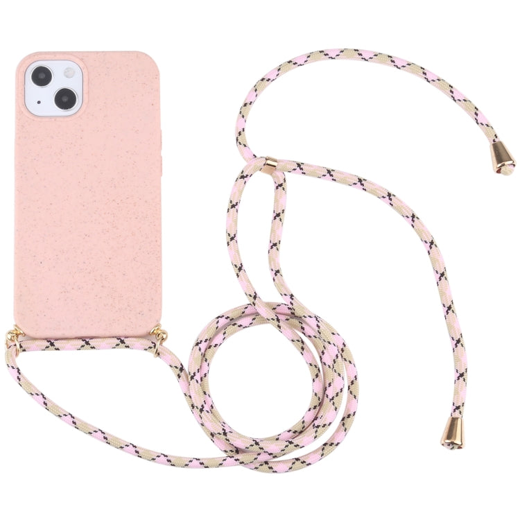 For iPhone 13 mini Wheat Straw Material + TPU Shockproof Case with Neck Lanyard (Pink) - iPhone 13 mini Cases by buy2fix | Online Shopping UK | buy2fix