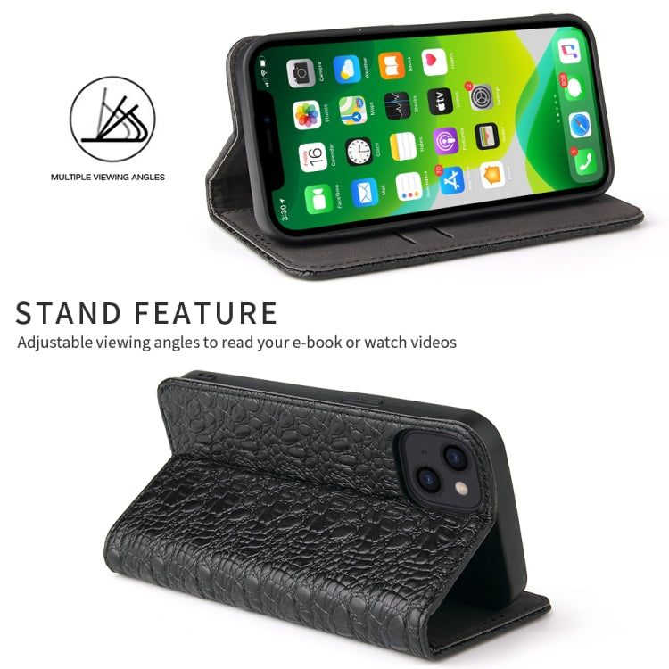For iPhone 13 mini Fierre Shann Crocodile Texture Magnetic Horizontal Flip Genuine Leather Case with Holder & Card Slot (Black) - iPhone 13 mini Cases by FIERRE SHANN | Online Shopping UK | buy2fix