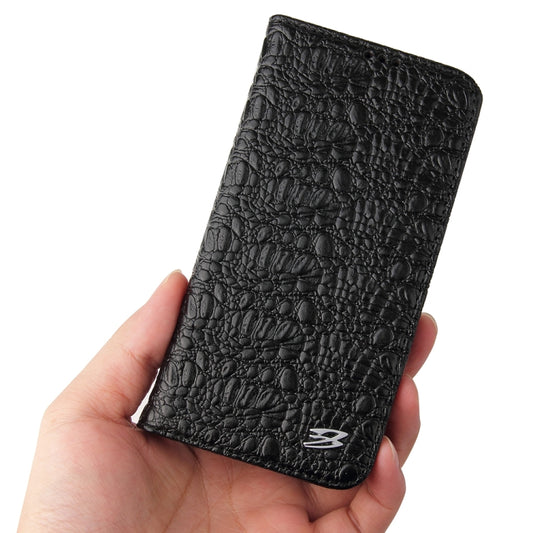 For iPhone 13 Fierre Shann Crocodile Texture Magnetic Horizontal Flip Genuine Leather Case with Holder & Card Slot(Black) by FIERRE SHANN