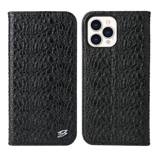 For iPhone 13 Pro Max Fierre Shann Crocodile Texture Magnetic Horizontal Flip Genuine Leather Case with Holder & Card Slot (Black)