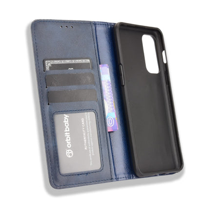 For OnePlus Nord 2 5G Magnetic Buckle Retro Crazy Horse Texture Horizontal Flip Leather Case with Holder & Card Slots & Photo Frame(Blue) - OnePlus Cases by buy2fix | Online Shopping UK | buy2fix