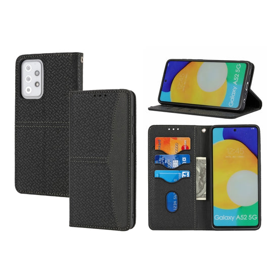 For Samsung Galaxy A52 4G / 5G Woven Texture Stitching Magnetic Horizontal Flip PU Leather Case with Holder & Card Slots & Wallet & Lanyard(Black)
