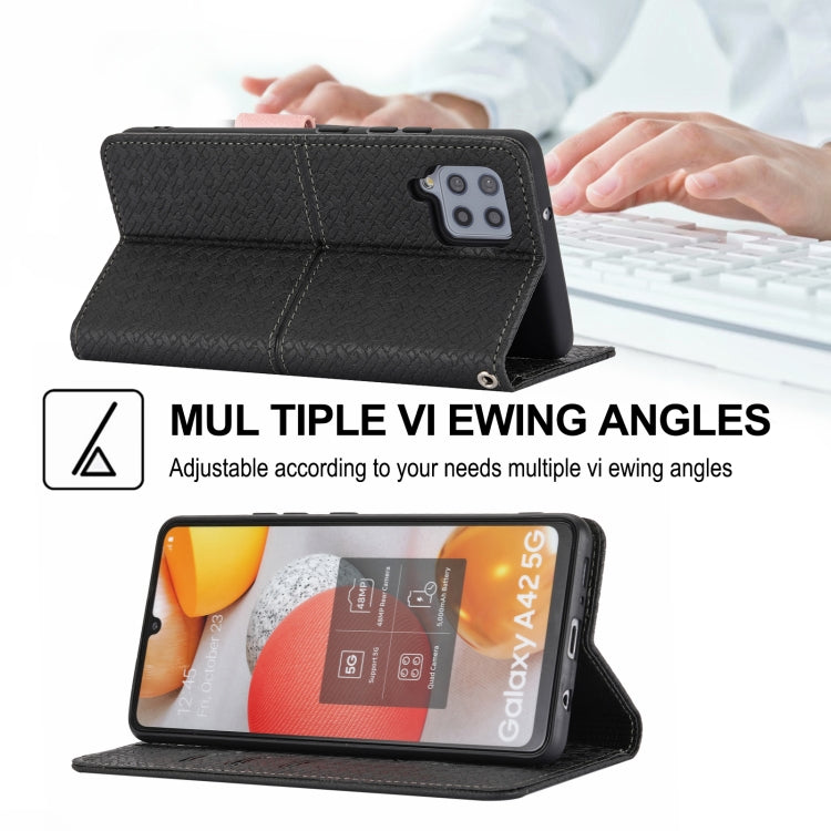 For Samsung Galaxy A12 5G Woven Texture Stitching Magnetic Horizontal Flip PU Leather Case with Holder & Card Slots & Wallet & Lanyard(Black) by buy2fix