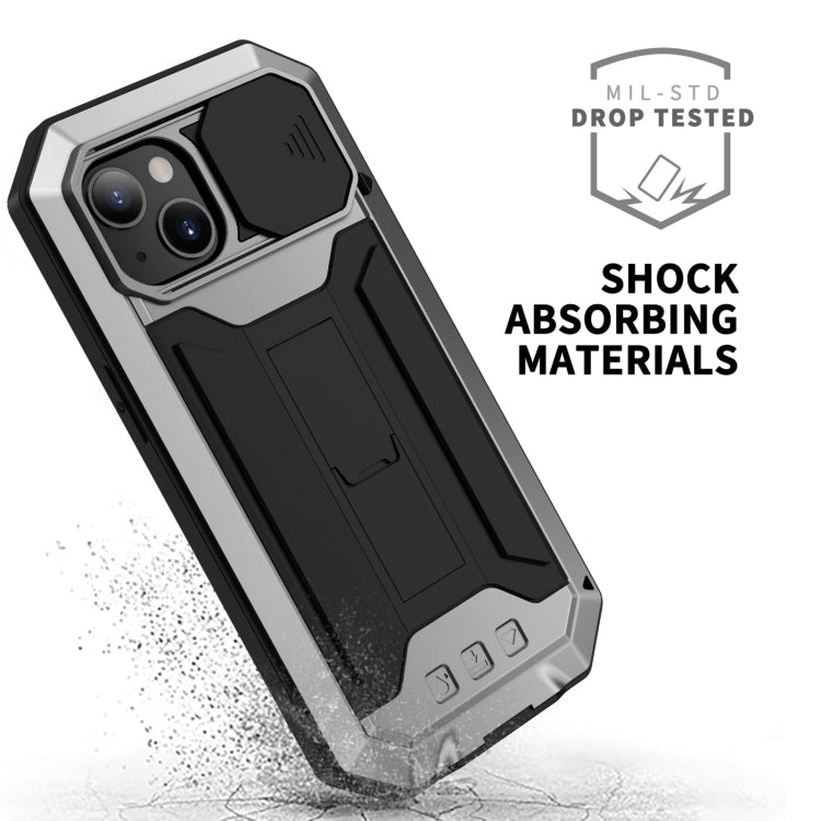 For iPhone 13 mini R-JUST Sliding Camera Shockproof Life Waterproof Dust-proof Metal + Silicone Protective Case with Holder (Silver) - iPhone 13 mini Cases by R-JUST | Online Shopping UK | buy2fix
