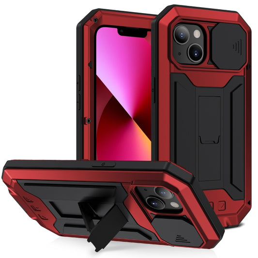 For iPhone 13 R-JUST Sliding Camera Shockproof Life Waterproof Dust-proof Metal + Silicone Protective Case with Holder(Red) - iPhone 13 Cases by R-JUST | Online Shopping UK | buy2fix