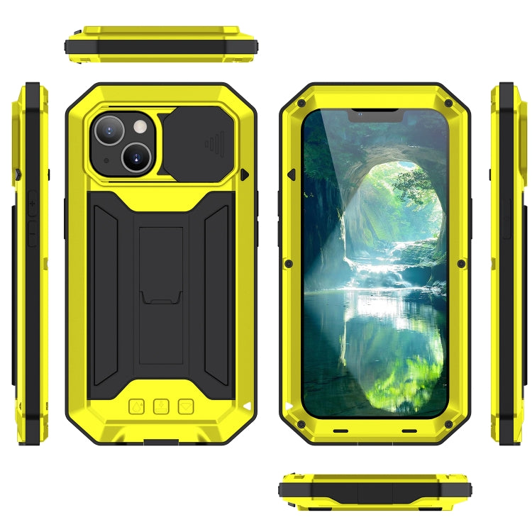 For iPhone 13 R-JUST Sliding Camera Shockproof Life Waterproof Dust-proof Metal + Silicone Protective Case with Holder(Yellow) - iPhone 13 Cases by R-JUST | Online Shopping UK | buy2fix