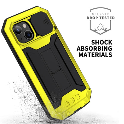 For iPhone 13 R-JUST Sliding Camera Shockproof Life Waterproof Dust-proof Metal + Silicone Protective Case with Holder(Yellow) - iPhone 13 Cases by R-JUST | Online Shopping UK | buy2fix