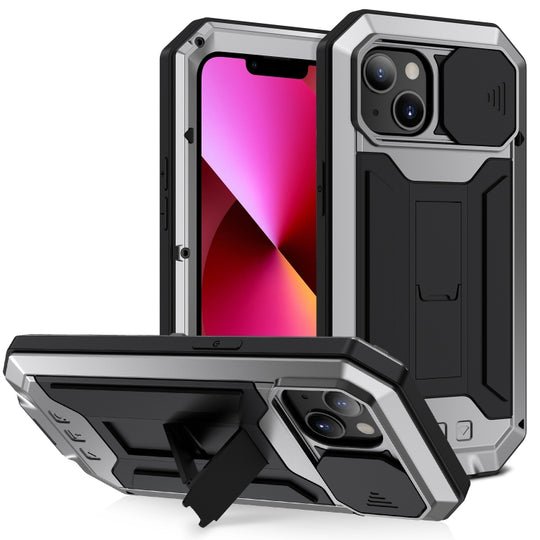 For iPhone 13 R-JUST Sliding Camera Shockproof Life Waterproof Dust-proof Metal + Silicone Protective Case with Holder(Silver)