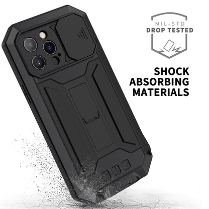 For iPhone 13 Pro R-JUST Sliding Camera Shockproof Life Waterproof Dust-proof Metal + Silicone Protective Case with Holder (Black) - iPhone 13 Pro Cases by R-JUST | Online Shopping UK | buy2fix