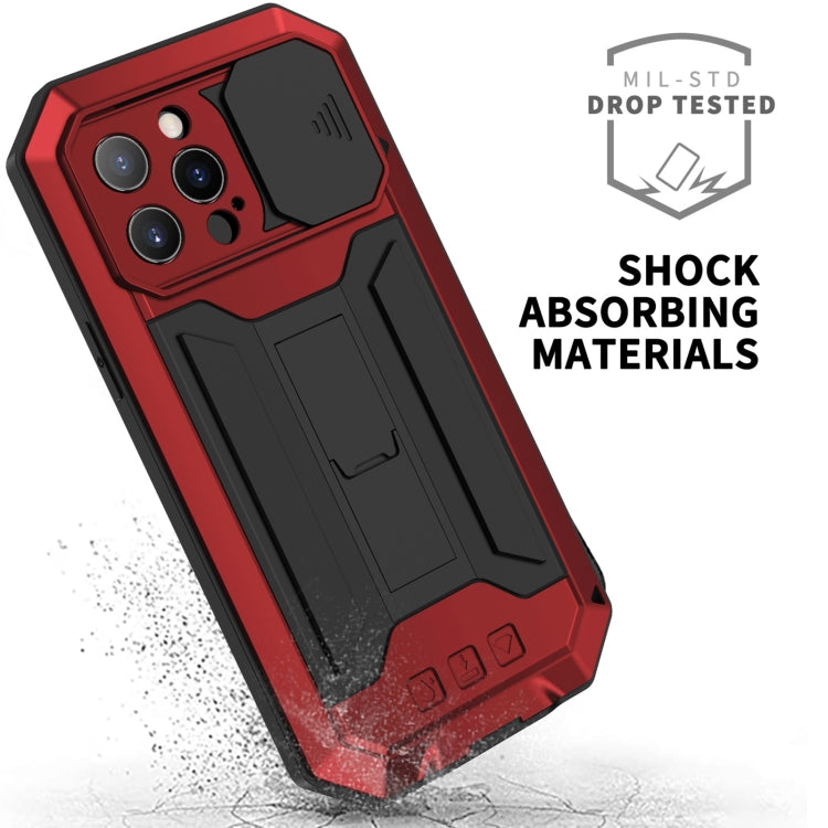 For iPhone 13 Pro R-JUST Sliding Camera Shockproof Life Waterproof Dust-proof Metal + Silicone Protective Case with Holder (Red) - iPhone 13 Pro Cases by R-JUST | Online Shopping UK | buy2fix