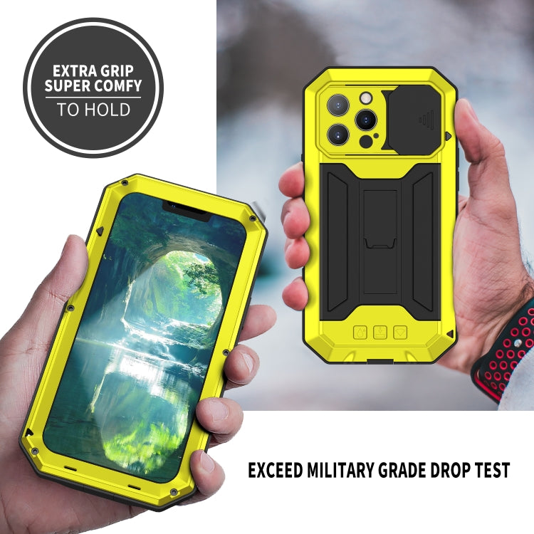 For iPhone 13 Pro R-JUST Sliding Camera Shockproof Life Waterproof Dust-proof Metal + Silicone Protective Case with Holder (Yellow) - iPhone 13 Pro Cases by R-JUST | Online Shopping UK | buy2fix