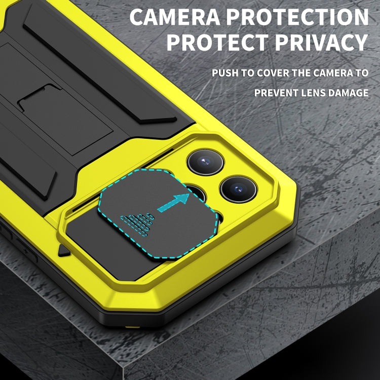For iPhone 13 Pro R-JUST Sliding Camera Shockproof Life Waterproof Dust-proof Metal + Silicone Protective Case with Holder (Yellow) - iPhone 13 Pro Cases by R-JUST | Online Shopping UK | buy2fix