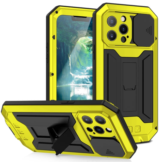 For iPhone 13 Pro Max R-JUST Sliding Camera Shockproof Life Waterproof Dust-proof Metal + Silicone Protective Case with Holder (Yellow)