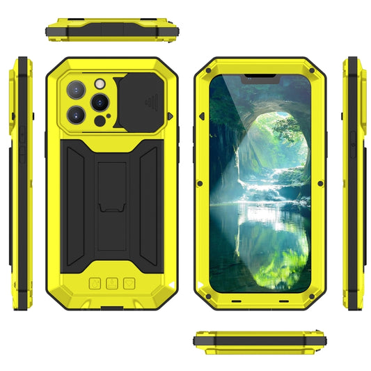 For iPhone 13 Pro Max R-JUST Sliding Camera Shockproof Life Waterproof Dust-proof Metal + Silicone Protective Case with Holder (Yellow) by R-JUST