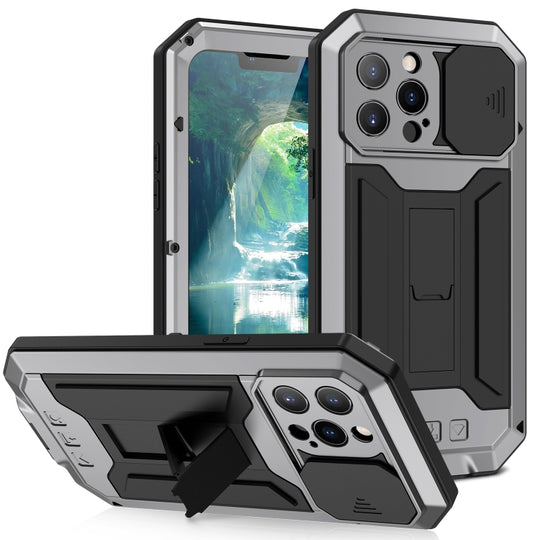 For iPhone 13 Pro Max R-JUST Sliding Camera Shockproof Life Waterproof Dust-proof Metal + Silicone Protective Case with Holder (Silver)