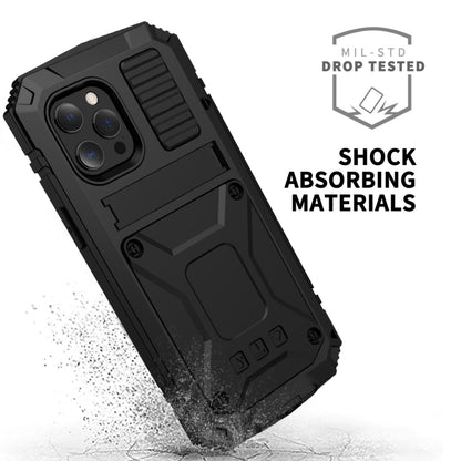 For iPhone 13 mini R-JUST Shockproof Waterproof Dust-proof Metal + Silicone Protective Case with Holder (Black) - iPhone 13 mini Cases by R-JUST | Online Shopping UK | buy2fix