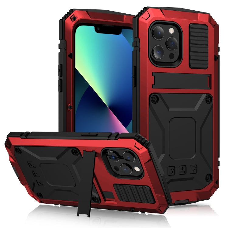For iPhone 13 mini R-JUST Shockproof Waterproof Dust-proof Metal + Silicone Protective Case with Holder (Red) - iPhone 13 mini Cases by R-JUST | Online Shopping UK | buy2fix