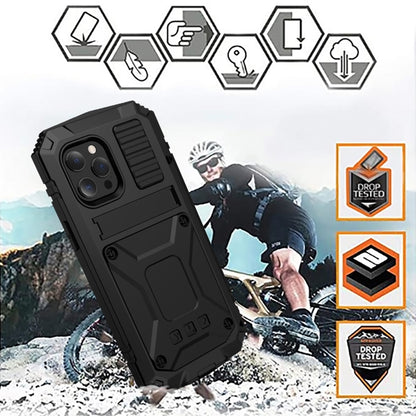 For iPhone 13 R-JUST Shockproof Waterproof Dust-proof Metal + Silicone Protective Case with Holder(Black) - iPhone 13 Cases by R-JUST | Online Shopping UK | buy2fix