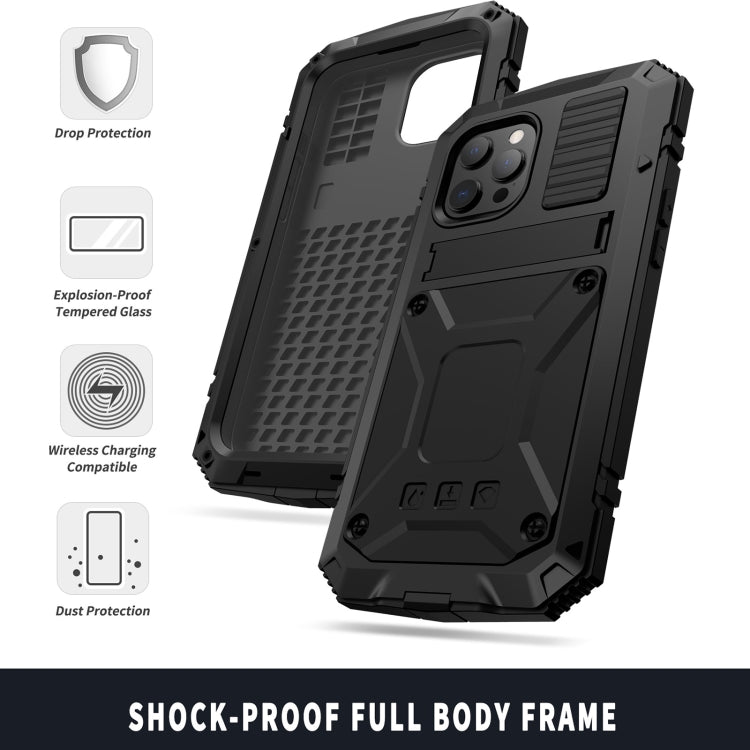 For iPhone 13 Pro R-JUST Shockproof Waterproof Dust-proof Metal + Silicone Protective Case with Holder (Black) - iPhone 13 Pro Cases by R-JUST | Online Shopping UK | buy2fix