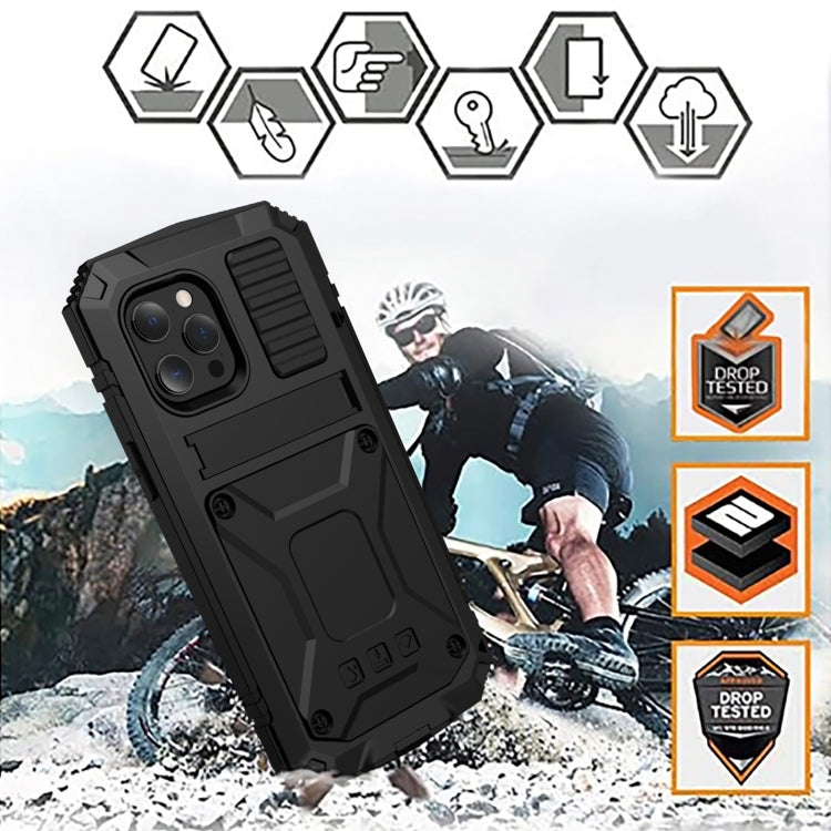 For iPhone 13 Pro R-JUST Shockproof Waterproof Dust-proof Metal + Silicone Protective Case with Holder (Black) - iPhone 13 Pro Cases by R-JUST | Online Shopping UK | buy2fix