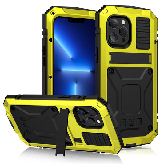 For iPhone 13 Pro R-JUST Shockproof Waterproof Dust-proof Metal + Silicone Protective Case with Holder (Yellow) - iPhone 13 Pro Cases by R-JUST | Online Shopping UK | buy2fix