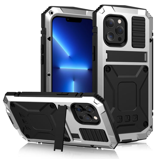 For iPhone 13 Pro R-JUST Shockproof Waterproof Dust-proof Metal + Silicone Protective Case with Holder (Silver) - iPhone 13 Pro Cases by R-JUST | Online Shopping UK | buy2fix
