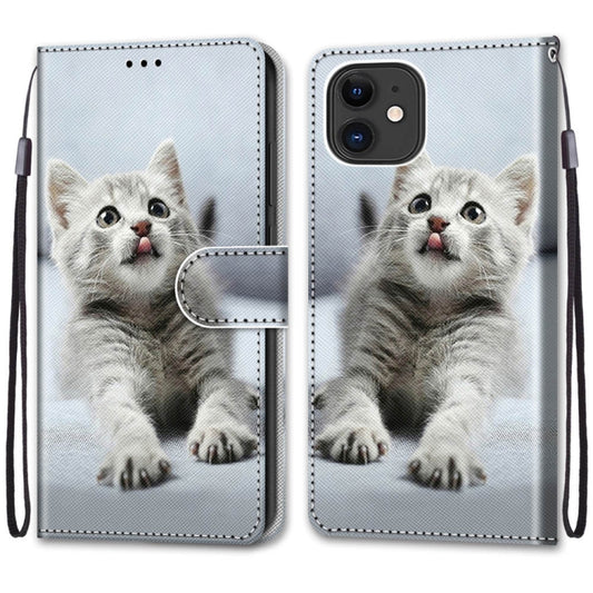 For iPhone 13 Coloured Drawing Cross Texture Horizontal Flip PU Leather Case with Holder & Card Slots & Wallet & Lanyard(Small Gray Cat) by buy2fix