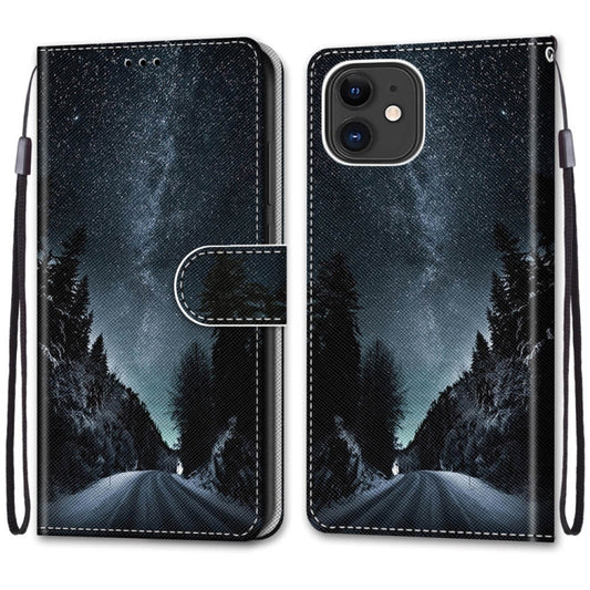 For iPhone 13 Coloured Drawing Cross Texture Horizontal Flip PU Leather Case with Holder & Card Slots & Wallet & Lanyard(Mountain Road Starry Sky) by buy2fix