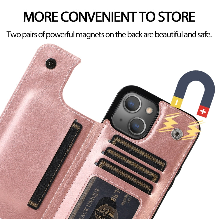 For iPhone 13 Double Buckle Shockproof PU Protective Case with Card Slots & Holder(Rose Gold) - iPhone 13 Cases by buy2fix | Online Shopping UK | buy2fix