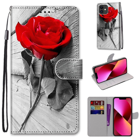 For iPhone 13 Coloured Drawing Cross Texture Horizontal Flip PU Leather Case with Holder & Card Slots & Wallet & Lanyard(B10 Wood Red Rose) - iPhone 13 Cases by buy2fix | Online Shopping UK | buy2fix