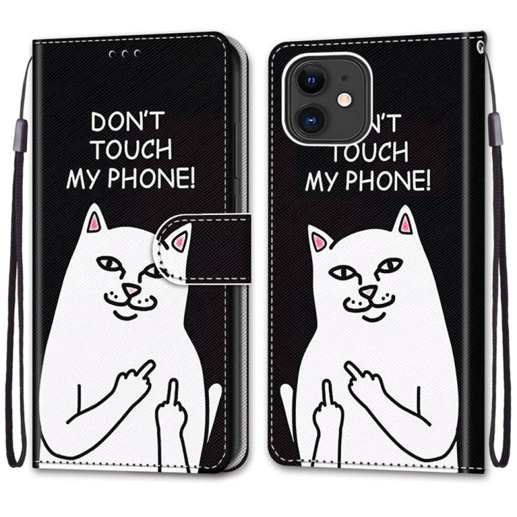 For iPhone 13 Coloured Drawing Cross Texture Horizontal Flip PU Leather Case with Holder & Card Slots & Wallet & Lanyard(Middle Finger White Cat) - iPhone 13 Cases by buy2fix | Online Shopping UK | buy2fix