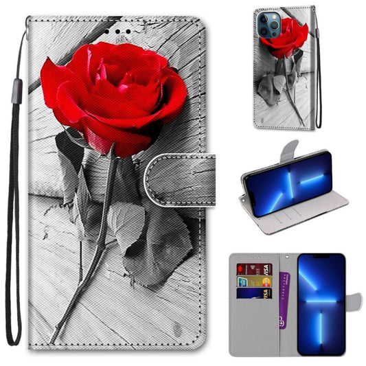 For iPhone 13 Pro Coloured Drawing Cross Texture Horizontal Flip PU Leather Case with Holder & Card Slots & Wallet & Lanyard (B10 Wood Red Rose) - iPhone 13 Pro Cases by buy2fix | Online Shopping UK | buy2fix